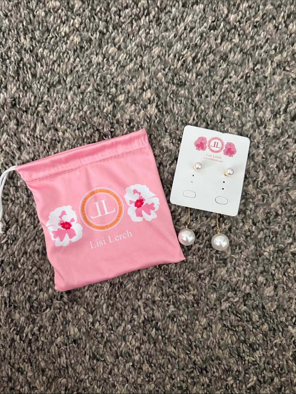 Lisi Lerch Pink Pearl Drop Earrings with Branded Pouch
